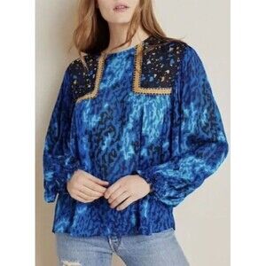 Blank London Anthropologie Blue Cheetah Top Size Small Pleated Puff Sleeve Boho